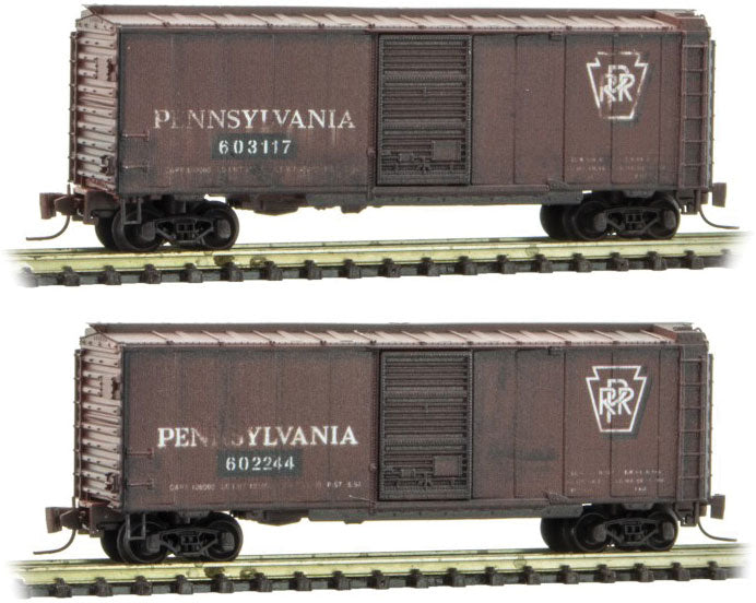 40' Single-Door Boxcar 2-Pack - Ready to Run -- Pennsylvania Railroad 602244, 603117 (Weathered, Tuscan, Shadow Keystone)