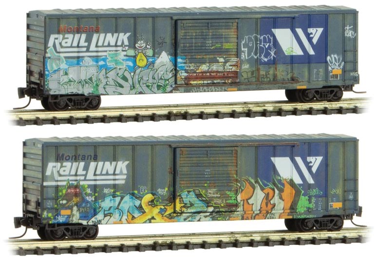 50' Rib-Side Single-Door Boxcar No Roofwalk 2-Pack - Ready to Run -- Montana Rail Link 21104, 21028 (Weathered, blue, white, Graffiti)