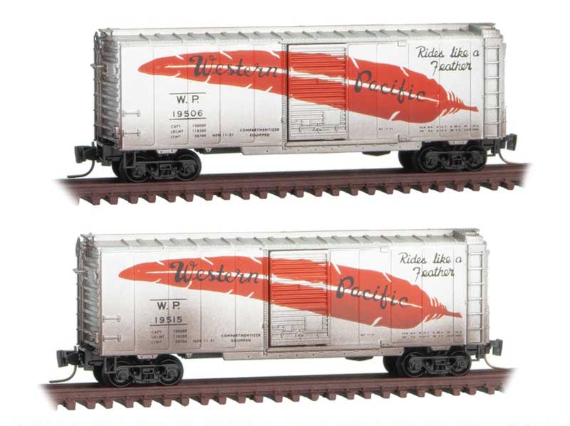 40' Single-Door Boxcar 3-Pack, Foam Nest - Ready to Run -- Western Pacific #19506, 19515 (Weathered, silver, orange Large Feather)