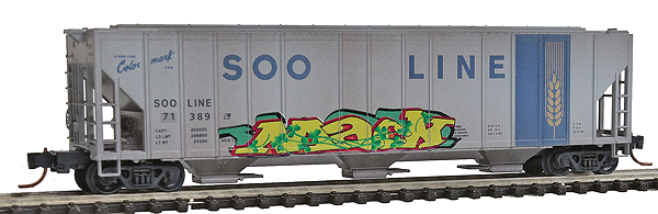 Evans 100-Ton 3-Bay Covered Hopper w/Elongated Hatches - Ready to Run -- Soo Line #71389 (Weathered, Graffiti, white, blue, Colormark Logo)