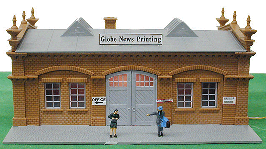 Built-Up Buildings - Lighted w/2 Figures -- Herald Tribune & Globe News - 6-3/4 x 9-1/4"  17 x 23.5cm