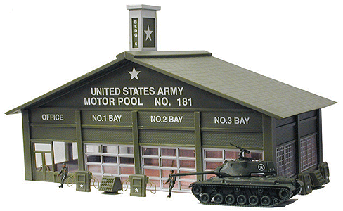 Motor Pool Building Built Up -- Lighted w/2 Figures