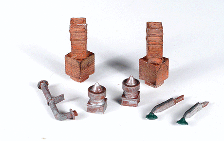 Mini-Tales(TM) Chimneys, Vents & Lights - Kit (Unpainted Metal Castings) -- Includes: 2 Each Chimneys, Roof Vents, Outdoor Overhead Lights & 1 Smoke Jac