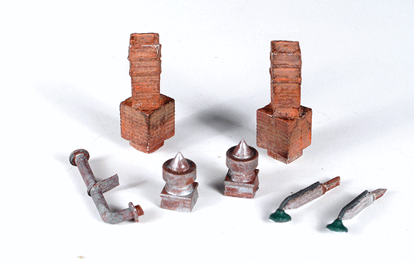 Mini-Tales(TM) Chimneys, Vents & Lights - Kit (Unpainted Metal Castings) -- Includes: 2 Each Chimneys, Roof Vents, Outdoor Overhead Lights & 1 Smoke Jac