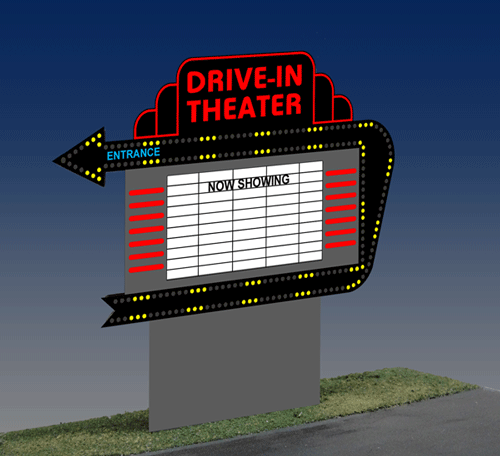 Drive-In Double-Sided Freestanding Animated Neon Sign -- With Changeable Lettering - Small for HO and N Scales 2-1/8 x 2"  5.4 x 5.1-1