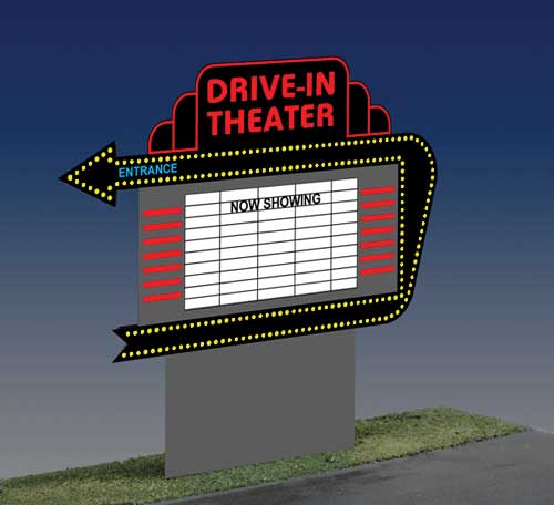Drive-In Double-Sided Freestanding Animated Neon Sign -- With Changeable Lettering - Small for HO and N Scales 2-1/8 x 2"  5.4 x 5.1-2