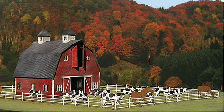 Adam's Dairy Farm Barn -- 2 x 2-3/16 x 2-3/16"  5 x 5.4 x 5.4cm; Barn, 23 Cows, 6 Horses & Fencing-1