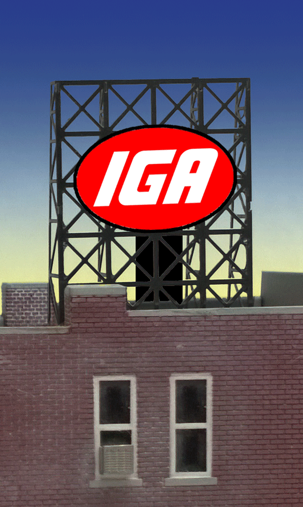 IGA Animated Rooftop Billboard -- Small for N & Z Scales Lattice Support Size: 1 x 1-3/8"  2.5 x 3.4cm