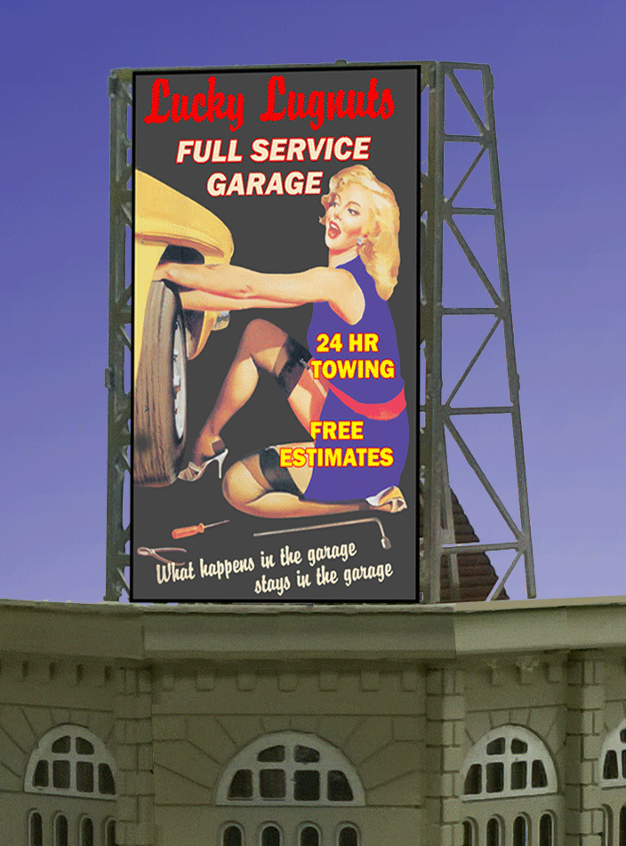 Lucky Lugnuts Animated Neon Rooftop Billboard -- Small for N & Z Scales