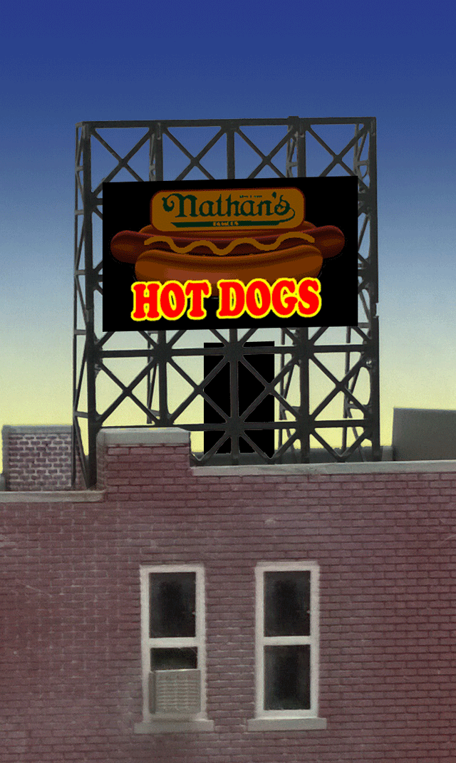Nathan's Hot Dogs Flashing Neon Rooftop Billboard - Light Works USA -- Small for N&Z Scales