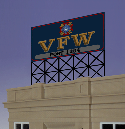 VFW Animated Neon Billboard - Light Works USA(TM) -- Small for HO/N 2 x 2-3/16"  5.6 x 6.4cm
