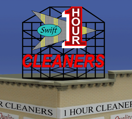 Swift One Hour Cleaners Animated Rooftop Billboard - Light Works USA -- Small for HO & N Scales 2-3/8 x 1-3/4"  6 x 4.5cm