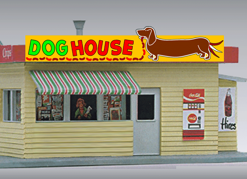Dog House Animated Neon Billboard - Light Works USA(TM) -- Small for HO & N Scales (Hot Dog Eating Weiner Dogs, Wagging its Tail)