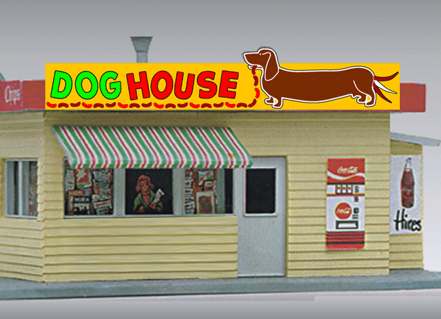 Dog House Animated Neon Billboard - Light Works USA(TM) -- Small for HO & N Scales (Hot Dog Eating Weiner Dogs, Wagging its Tail)