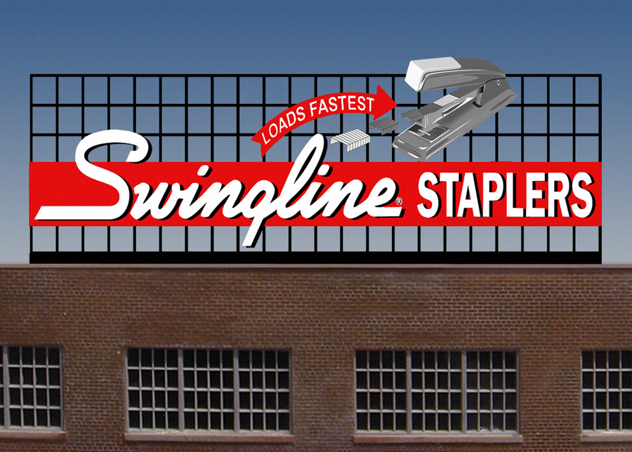 Swingline Staplers Animated Neon Billboard -- Small for HO and N Scales 3-7/16 x 1-3/8"  8.8 x 3.4cm