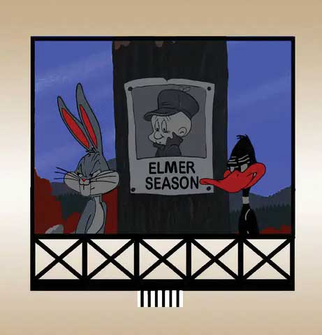 Looney Tunes Elmer Fudd, Bugs, Daffy Animated Billboard -- Small for HO and N Scales: 2 x 2-3/16"  5.1 x 5.6cm