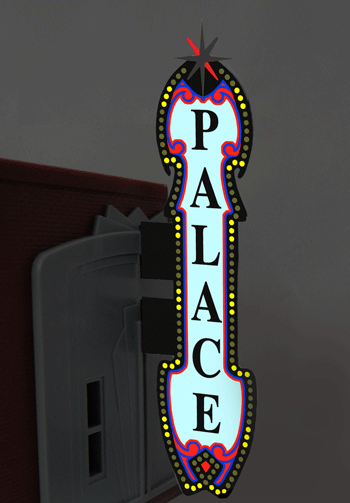Animated Neon Sign for HO & O Scales - Kit -- Vertical Theater Sign w/6 Theater Name Overlays 1-7/32 x 5-5/8" Tall