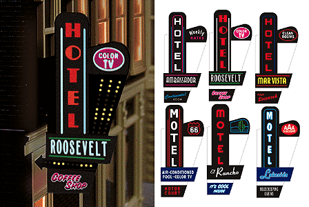 Animated Multi-Graphic Vertical Neon Sign Kit w/6 Overlays -- Hotel/Motel Series - Left - Large