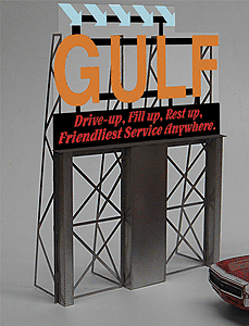 Animated Neon Billboard w/Photo Etched Stanless Steel Support Structure -- Gulf "Drive Up, Fill Up, Rest Up. Friendliest Service Anywhere."