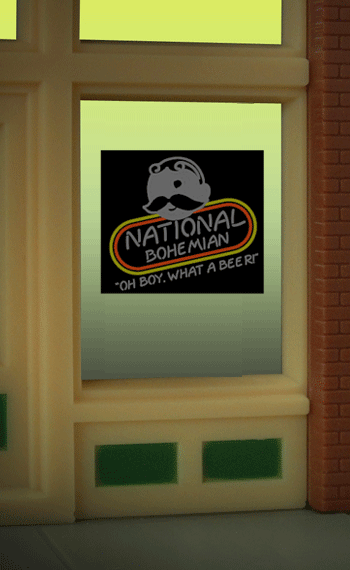 Natty Boh Beer Flashing Neon Window Sign - Light Works USA(TM) -- 2 x 2-3/16"  5.1 x 5.6cm For HO & O Scales