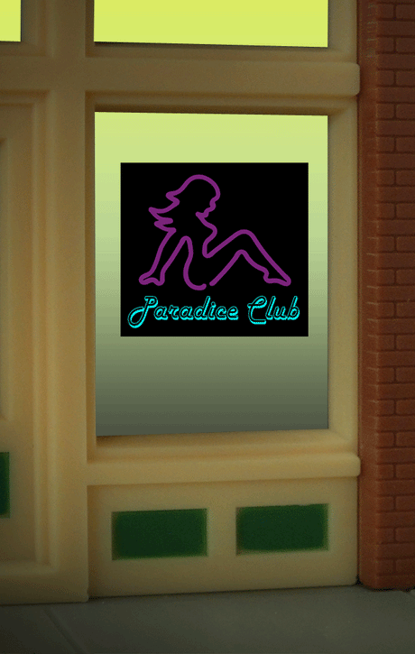 Paradice Club Flashing Neon Window Sign - Light Works USA(TM) -- 2 x 2-3/16"  5.1 x 5.6cm For HO & O Scales