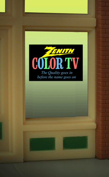 Zenith Flashing Neon Window Sign - Light Works USA(TM) -- 2 x 2-3/16"  5.1 x 5.6cm For HO & O Scales