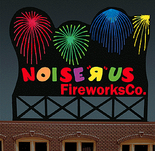 Animated Neon Billboard -- Noise "R" Us Fireworks Co. - Medium - 1-1/2 x 2-3/10"  3.8 x 5.8cm