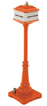 Lionel Corp. #57 Corner Street Lamp/Sign - Operating -- Intersection of Lionel Ave. & American Flyer Ave. (orange)  19.1cm Tall-1