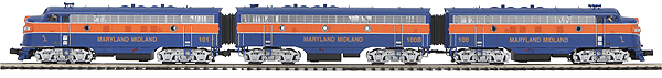 RailKing(R) Premier Diesel EMD F7 A-B-A Set w/Proto-Sound 3.0 & DCS - 3-Rail -- Maryland Midland #100, 100B, 101 (blue, orange)