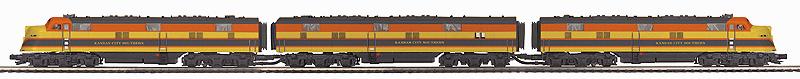 EMD E6 ABA Set w/Proto-Sound 3.0 & Hi-Rail Wheels - 3-Rail - Premier(R) -- Kansas City Southern #24, 25, 240B (Southern Belle, red, black, yellow)