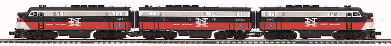 EMD F3 ABA Set w/Proto-Sound 3.0 & Scale Wheels - 3-Rail - Premier(R) -- New Haven #6690, 6690B, 6691 (black, white, red)