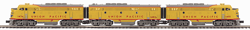 EMD F3 ABA Set w/Proto-Sound 3.0 & Scale Wheels - 3-Rail - Premier(R) -- Union Pacific 1401, 1402B, 1434 (Armour Yellow, gray)