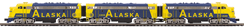 EMD F7 A-B-A Set w/Proto-Sound 3.0 - 3-Rail - Premier(R) -- Alaska Railroad #1500, 1503, 1508 (1990s blue, yellow, Billboard Lettering)