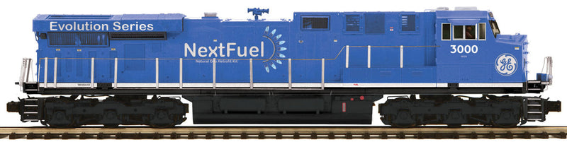 GE ES44AC - 3-Rail w/Proto-Sound 3.0 & Hi-Rail Wheels - Premier(R) -- General Electric #3000 (NextFuel Demonstrator, blue)
