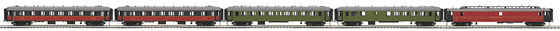 OCEM 5-Car Passenger Set, Hi-Rail Wheels - 3-Rail - Ready to Run - Premier -- PLM (maroon RPO, green Coach & Combine, 2 red & black Coaches)-1
