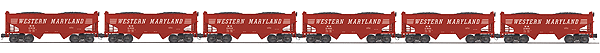 Premier 2-Bay Offset Hopper w/Coal Load 6-Pack - 3-Rail - Ready to Run -- Western Maryland #1 (Boxcar Red, Speed lettering)