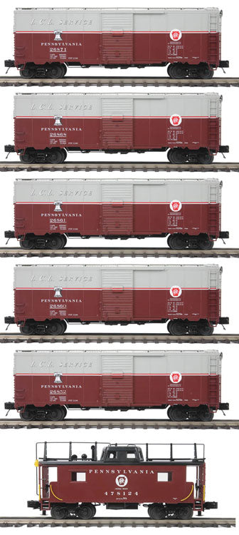 Premier AAR 40' Boxcar 5-Pack w/N-8 Caboose 3-Rail - Ready to Run -- Pennsylvania #26852, 26868, 26861, 26860, 26871 (LCL Service), Caboose #4781