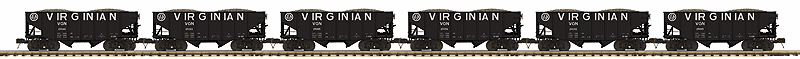 2-Bay Fishbelly Hopper 6-Pack - 3-Rail - Ready to Run - Premier(R) -- Virginian Set #1 (black, Bilboard Lettering)