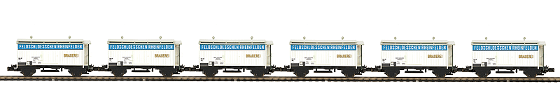 Premier European Beer Reefer w/Hi-Rail Wheels 6-Pack - Ready to Run -- Feldschloesschen (Rhinefelden, Switzerland; white, blue)