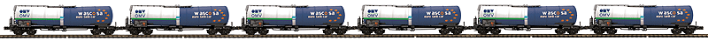 Premier European Modern Tank Car w/Hi-Rail Wheels 6-Pack - Ready to Run -- OMV/Wascosa Euro Tank Car (blue, white, green)