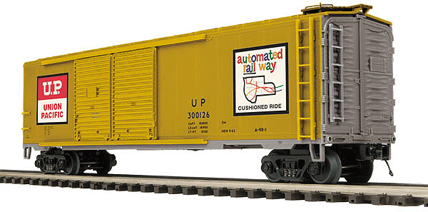 Premier 50' Double-Door Boxcar - 3-Rail - Ready to Run -- Union Pacific (yellow, Automated Railway & red/white "Soup" Logos)
