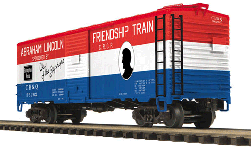 Premier AAR 40' Boxcar - 3-Rail - Ready to Run -- Chicago, Burlington & Quincy (red, white, blue, 1947 Friendship Train Graphi