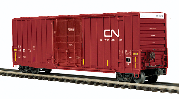 Premier 50' High-Cube Boxcar - 3-Rail - Ready to Run -- Canadian National #405773 (Boxcar Red, yellow Conspicuity Marks, Web Site Lo