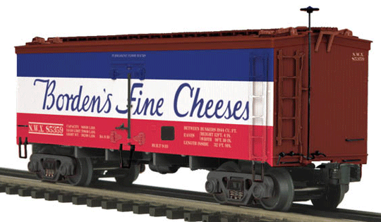 36' Wood Reefer - Premier - 3-Rail - Ready to Run -- Borden's - Fine Cheese (red, white, blue)