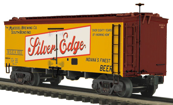 36' Wood Reefer - Premier - 3-Rail - Ready to Run -- Muessel Brewing Co. (yellow, white, red)