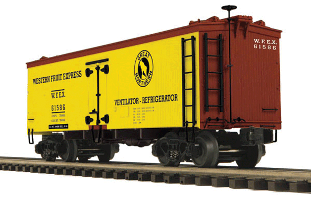 36' Wood Reefer - 3-Rail - Ready to Run - Premier -- Western Fruit Express (yellow, Boxcar Red, GN Logo)