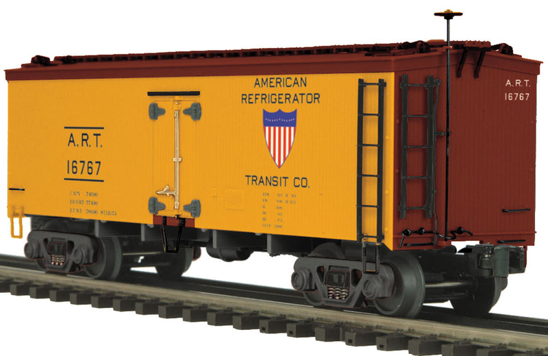 36' Wood Reefer - Premier - 3-Rail - Ready to Run -- American Refrigerator Transit (yellow, Boxcar Red, Shield Logo)