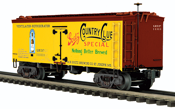 40' Wood Reefer - 3-Rail - Ready to Run - Premier -- Goetz Brewery (yellow, Boxcar Red, red, blue, green)