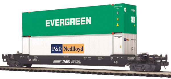 Stand Alone Husky Stack Car w/2 48' Containers - 3-Rail - Ready to Run - Premi -- Norfolk Southern (black, Horse Head Logo, 1 Each Evergreen & P&O Containers)