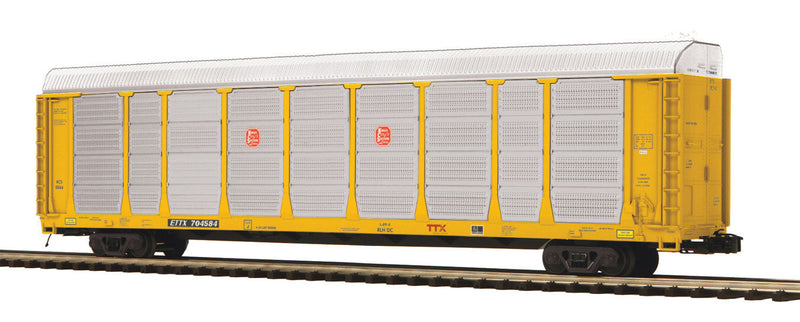 Enclosed Corrugated Auto Carrier - 3-Rail - Ready to Run - Premier(R) -- Kansas City Southern ETTX (TTX Flat, yellow, red Forward Logo)